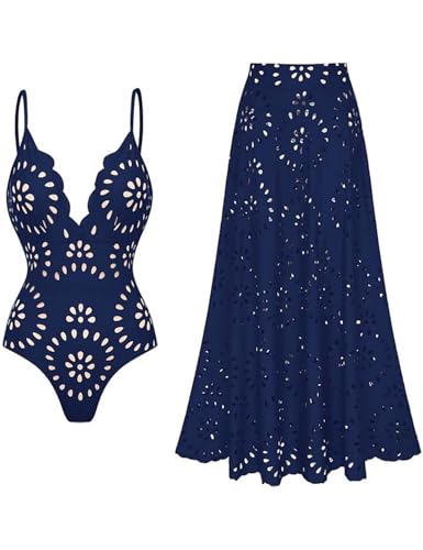 FLAXMAKER Womens One Piece Bathing Suit Petal Hollow V Neck Swimsuit and Skirt(Blue L)