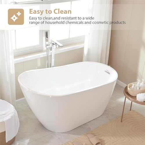 Vanity Art 55 x 28 Inches Freestanding Bathtub White Acrylic Bathtub Modern Stand Alone Soaker Tub with UPC Certified Slotted Overflow and Pop-up Drain for Single Person Bathing