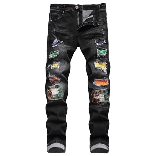 Men Biker Zipper Deco Washed Jeans Ripped Destroyed Slim fit Jeans with Zipper Classic Comfort Skinny Straight Jean