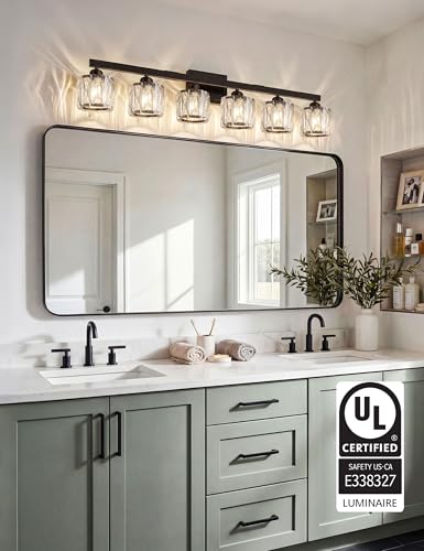 Image of VOLISUN Crystal Vanity Lights for Bathroom, 6 Light Bathroom Vanity Light, Modern Matte Black Bathrooms Light Over Mirror, Black Bathrooms Lights Fixtures-UL Certificated(Exclude Bulb)