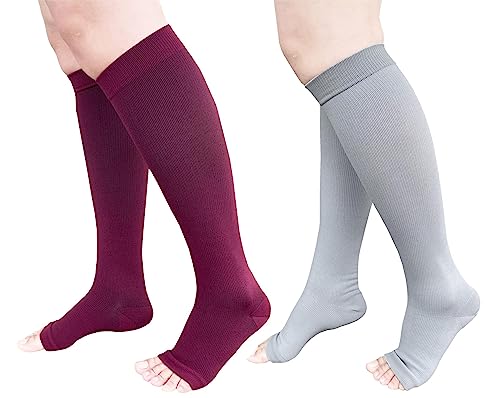 Image of Open Toe Compression Socks 2 Pairs 15-20mmHg Support Circulation Medical Toeless Compression Socks Recovery Varicose Veins