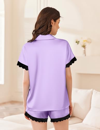 Image of Ekouaer Womens Lace Satin Pajama Set Button Down Pj Shorts Set Bridesmaids Getting Ready Outfits Casual Sleepwear XS-XXL