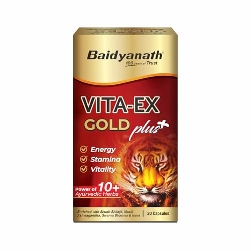 Baidyanath Ayurved Vita Ex Gold Plus I Enriched with Gold, Shudh Shilajeet, Kesar, Ashwagandha, and 15 other Natural Herbs (20 Capsule)