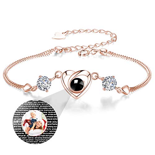 Yandam Personalized Bracelet Customized Photo Projection Bracelet 100 Types I Love You Bracelet Heart Anklet&Bangle (Rose Gold Full Color)