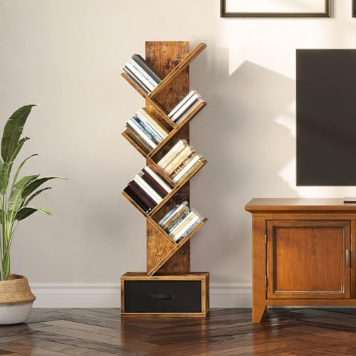 SUPERLELE 6 Shelf Bookshelf with Drawer, Retro Tree Bookcase Floor Standing Bookcase for CDs/Movies/Books, Utility Book Organizer Shelves for Bedroom, Living Room, Home Office