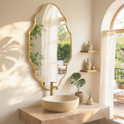 Image of Scalloped Gold Bathroom Mirror, Irregular Wall Decorative Mirror | Brushed Metal Frame, HD Glass Decorative Mirror for Wall Decor, Vanity Mirror for Living Room Entryway (20 inch x 36 inch, 1 Pack)