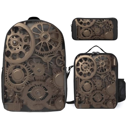 3 Piece Backpack for Women Men Lightweight Causal Daypack Shoulder Bag Set with Insulated Lunch Bag And Pencil Case Organizers Steampunk Mechanical Gears