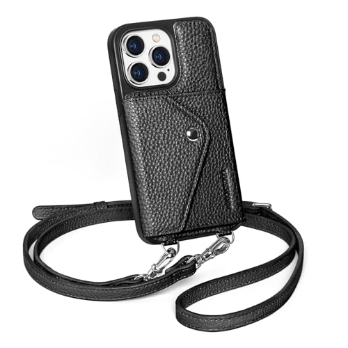 LUCKYCOIN Crossbody Phone Case for iPhone 14 Pro 100% Genuine Leather Phone Wallet Case for Women Premium Hands-Free Phone Purse with Expandable Flip Card Holder & Adjustable Strap - Pebble Black