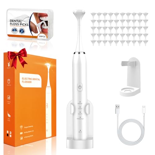 Electric Flosser for Teeth 4 Speeds,Electric Dental Flosser with 50 Replacement Heads,Rechargable Power Flosser for Teeth Cleaning Adults Men and Women