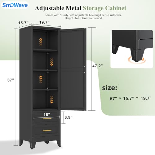 Image of Tall Narrow Pantry Cabinet for Kitchen, 67 inch H Metal Storage Cabinet with Drawers, Doors & 3 Adjustable Shelves for Dining Room, Living Room, Home Office, 20 inches Wide, Black