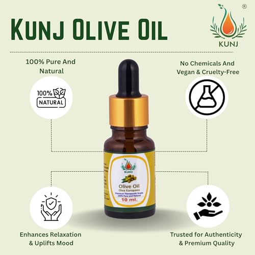Image of KUNJ Olive Oil (Olea europaea) 10ML - 100% Pure & Natural, Cold Pressed, Undiluted - Therapeutic Grade Carrier Oil for Skin Care, Hair Nourishment, Massage & Hydration