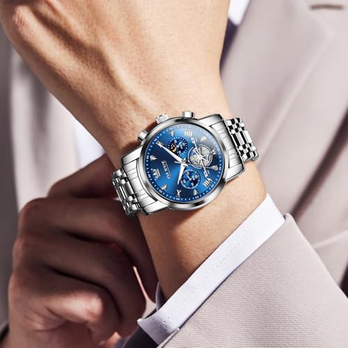 Image of OLEVS Men Watches Stainless Steel Chronograph Watch, Large Wrist Analog Quartz Watch, Fashion Waterproof Diamond Roman Numerals Dress Watches for Men, Gold /Black /White /Blue /Grey Dial