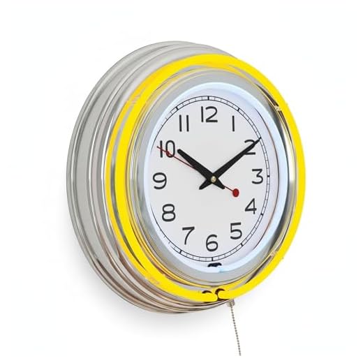 Neon Wall Clock- 14 Round, Double Light Ring, Dual Power, Analog Quartz Timepiece- Retro Décor for Bar, Garage & Game Room by Lavish Home (Yellow)