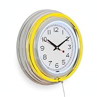 Neon Wall Clock 14 Round, Double Light Ring, Dual Power, Analog Quartz Timepiece Retro Décor for