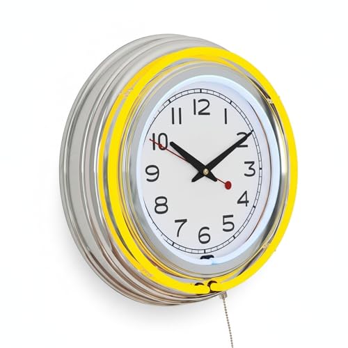 Neon Wall Clock- 14 Round Double Light Ring Dual Power Analog Quartz Timepiece- Retro Dcor for Bar Garage & Game Room by Lavish Home (Yellow)