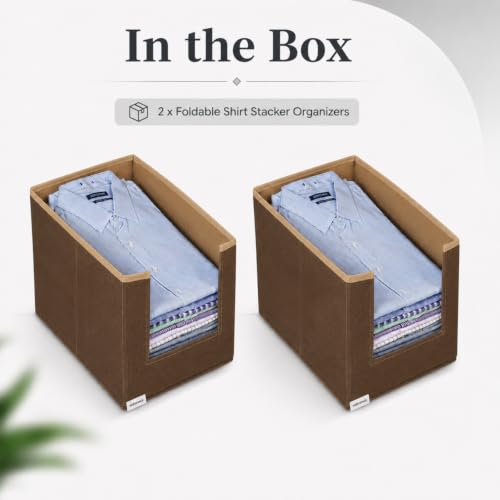 Image of VERVENIX Shirt Stacker Set of 2, Non Woven Foldable Clothes Storage Organizer with Handle, Wardrobe Closet Organizer, Space Saving Cloth Organizer for T-Shirts, Shirts, Jeans, Brown