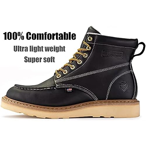 SUREWAY 6 in Mens Soft/Steel Toe Wedge Work Boots for Men-Full Grain Leather,Moc Toe Work Boots/Shoes,Soft Toe Black,Size 10.52