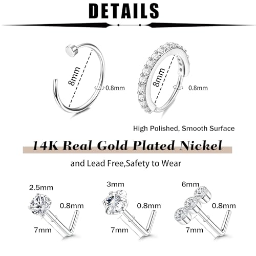 20G Stainless Steel Nose Rings, L Shaped Nose Studs and Nose Rings Hoops, Cute Heart Square CZ Nose Screw Piercing Jewelry Silver Gold For Women2