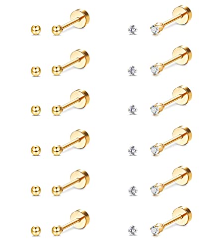 JeryWe 12 Pares 20G Pendientes Stud Set para Mujeres Hombres Niñas Acero Inoxidable Cartílago Tiny Studs CZ Ronda Bola Flatback Pendientes Set 2mm Hipoalergénico Oro
