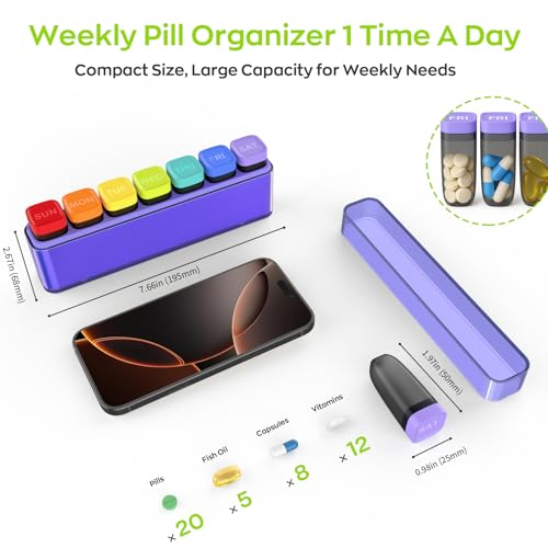 Image of Weekly Pill Organizer 1 Time a Day, HIONXMGA Detachable Travel Pill Box 7 Day (Original Version), Large Medicine Pill Case Container for Daily Medication Vitamin Supplement Fish Oil, Purple