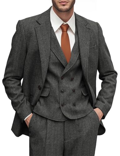 Men's Herringbone Tweed Suits 3 Piece Wedding Business Casual Suit Tuxedo Jacket Vest Pants Dark Gray