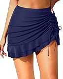 Pinup Fashion Bathing Suit Skirt Women Navy Blue High Waisted Swim Skort Adjustable Drawstring with Built-in Brief XXL