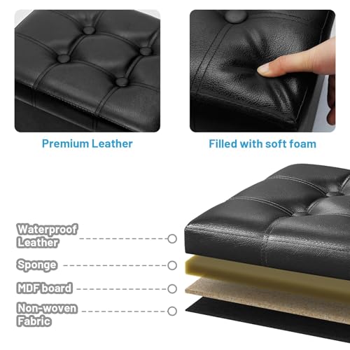 Image of Bsketa Storage Ottoman Bench,16 Inch Folding Leather Foot Rest Stool, Black | Small Ottoman with Side Pockets, Thicker Foam Padded Seat, Livingroom, Dorm, Bedroom, Easy to install, 38L,16x12x12in