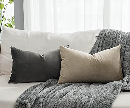 Image of JUSPURBET Couch Pillow Covers Set of 2 Decorative Velvet Throw Pillow Covers for Modern Farmhouse Home Decor Soft Lumbar Cushion Covers with Hidden Zipper for Sofa Bed,Stone,12x20 inch