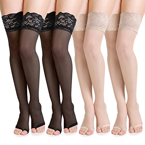 Sintege 4 Pairs Open Toe Stockings for Women Holdups Sheer Toeless Lace Top Thigh High Stockings for Women Open Toe Shoes