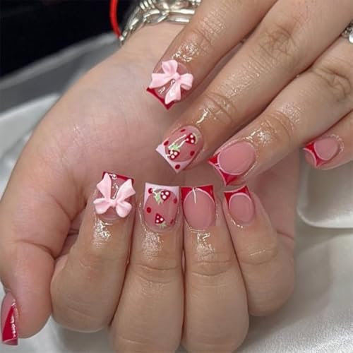 Press on Nails Short - Square Fake Nails with Strawberry Design -...