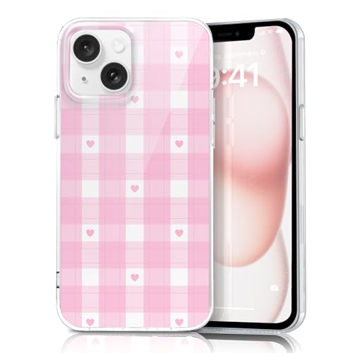 Coque iPhone 13 et 14 rigide fine à motif écossais rose et cœurs pour femme