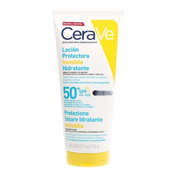 CeraVe Loción Protectora Invisible Hidratante SPF 50+ con 3 ceramidas esenciales para cuerpo, rostro y todo tipo de pieles 75 ml