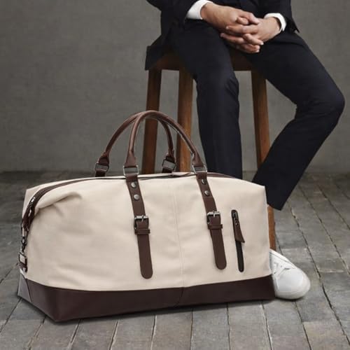 Image of CAVALO - Be Unique Vintage Canvas Travel Duffel Bag for Men & Women, 40L Large Capacity Weekender Bag with Detachable Shoulder Strap, Leather Handles, for Travel, Gym & Business Trips (White)