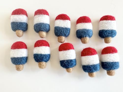 5cm handmade felt bomb pops - Quantity: 10 - Color: red white and blue - 100% Wool Poms for Crafting, Garland Making, Patriotic Decor, 4th of July Banner, DIY Popsicle Bunting