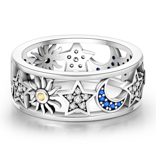 925 Sterling Silver Wedding Band Eternity Rings for Women & | Cubic Zirconia Hollow Design Sun Moon Star Theme | 8mm Wide, Hypoallergenic, Minimalist & Lightweight3