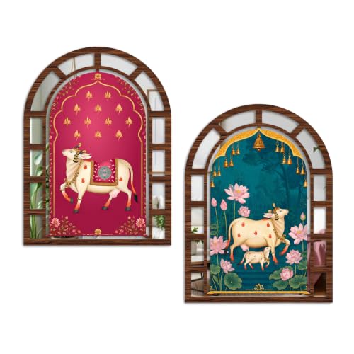 Image of Artvibes Artistic Jharokha Mirror Wall Decor | Home Decoration for Bedroom, Hall, Temple Room, Office, Foyer, Dining Area & Entrance | Gift (WHJ 12024N), Set of 2