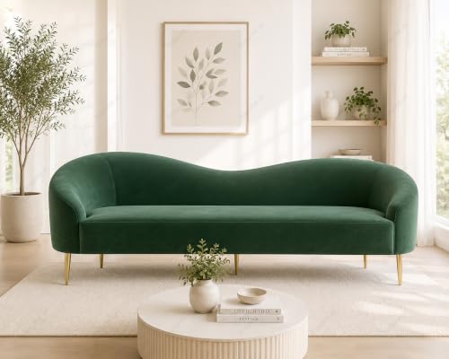 Image of Rosewood Luxury Curved Sofa in Premium Velvet-Fabric | Solid Wood Structure | High Density Foam | Sturdy Golden Legs | Comfortable & Stylish Couch for Modern Living Room (Green, 3 Seater)