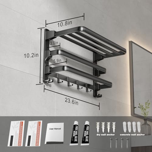 VOLDRA-24-Inch-Towel-RackBathroom-Towel-Shelf-with-2-Towel-Bar-Foldable-Towel-Holder-with-7-Hooks-Towel-Storage-Organizer-for-Bathroom-Lavatory-Wall-Mounted-Matte-Black
