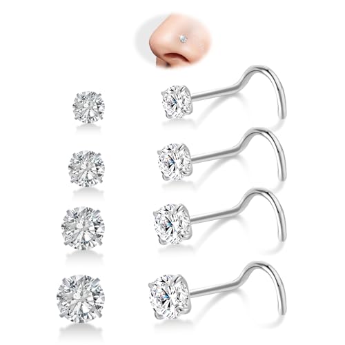 8PCS G23 Titanium Nose Rings Studs - 20G Nose Screw Studs Silver Diamond Cubic Zirconia Corkscrew Rings Hypoallergenic Piercing Jewerly for Women Men 1.5mm 2mm 2.5mm 3mm