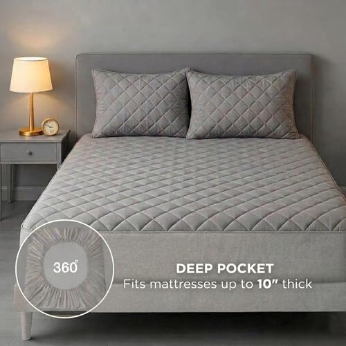 Image of Trance Home Linen 100% Waterproof Quilted Mattress Protector Single Size 72x36 | 100% Cotton | Ultra Soft Bed Protector Breathable Noiseless | Elastic Fitted Mattress Cover | Bed Cover (6x3 ft Grey)
