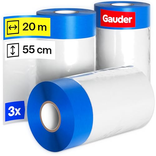 GAUDER Film protector con cinta adhesiva   33 m² de plástico autoadhesivo   Para ventanas, puertas e interruptores (3 Rollos   55 cm x 20 m)