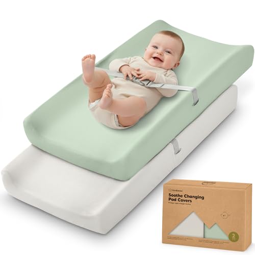 Image of 2-Pack Organic Changing Pad Covers for Girl, Boy, Neutral - 100% Cotton Changing Table Pad Cover, Soft Baby Nursery Diaper Changing Pad Sheets, Contour Changing Pads Liners, Change Pad Cover (Sage)
