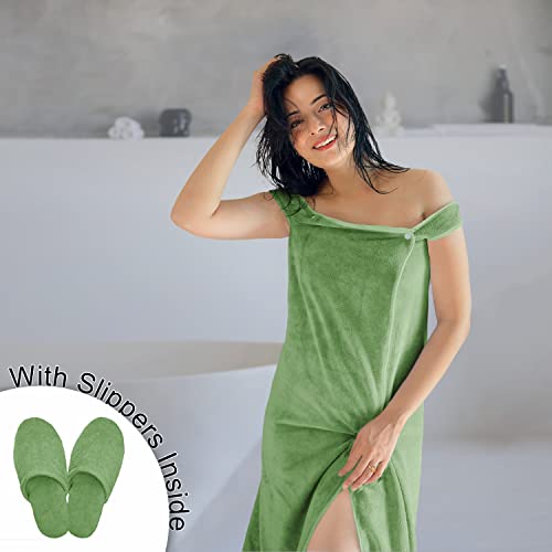 Image of Sassoon Venir Microfiber Bath Wrap Towel with Slippers for Women (Pack of 1) - Green Color