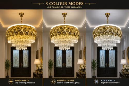 Image of Elegant Chandelier Ceiling Light for Living Room Hanging Pendant Light | Italian K9 Crystals | Metal Frame | Adjustable LED Light-Pack of 1 (Chandelier-Floral-400MM-Gold)