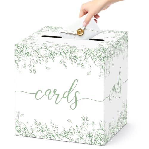 Image of Sage Green Floral Wedding Card Box with Slot for Baby Shower and Birthday | Roomy 8.7 Inch Cube Holds Cards and Envelopes While Keeping Gift Tables Neat at Weddings, Bridal Showers and Garden Parties