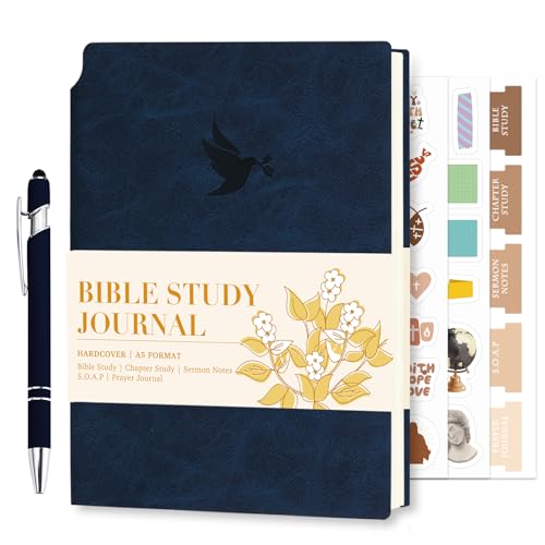 XKDOUS Bible Study Journal Church Notes Journal, Bible Study Supplies Bible Notebooks for Note Taking Reflection Prayer, 8.6’’ Guided Bible Study Notebook for Women, Leather Navy