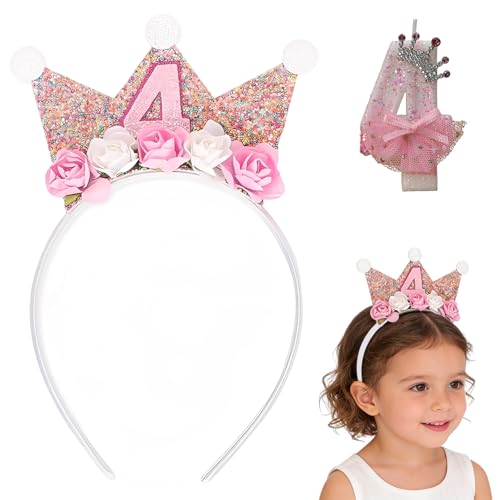 BCHMN Conjunto de aniversário para 4 anos: Fita de cabeça com coroa de rosas e vela de aniversário com coroa