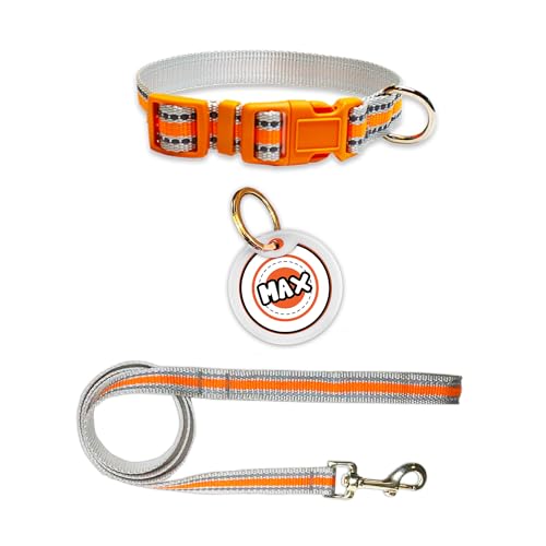 Image of Pawsindia Nylon Leash and Collar with Name Tag for Dogs, Reflective Orange 0.75 Inche Width Adjustable Collar and 4 Feet Heavy Duty Leash with Customize Nametag