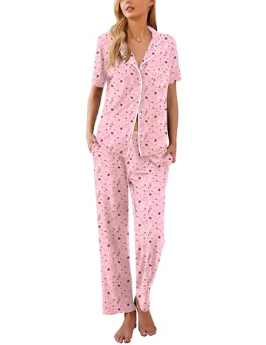 Image of Ekouaer Women Pajamas Set Button Down Sleepwear Short Sleeve Nightwear with Long Pants Soft Pjs Set S-XXL Dark Heart L