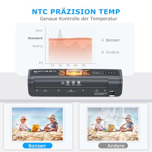 BONSEN Laminiergerät A3 mit Never Jam Technologie, 100 Laminierfolien inkl, Präzise NTC-Temperaturkontrolle, Schnelllaminierung für Zuhause, Schule, Büro, L3402